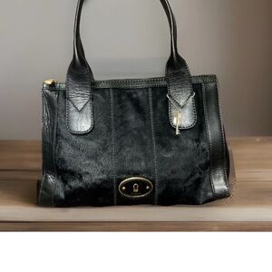 Fossil Vintage Lock & Key Calf Hair & Leather Top Zip Satchel Handbag Black Tote